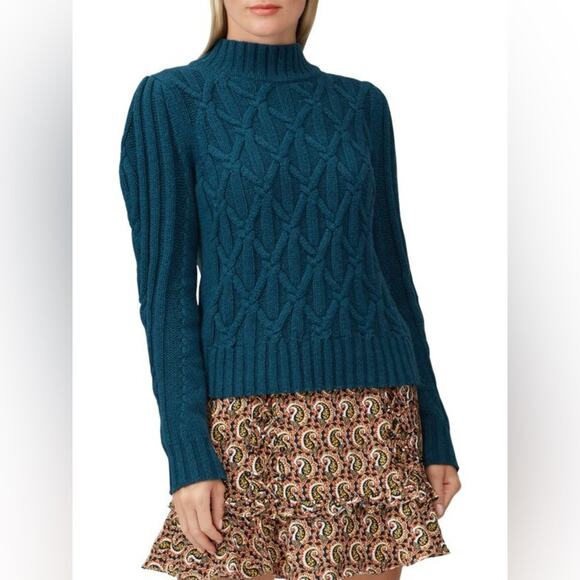 REBECCA TAYLOR Wool Blend Mockneck Cable Knit Sweater Blue* - Picture 2 of 6
